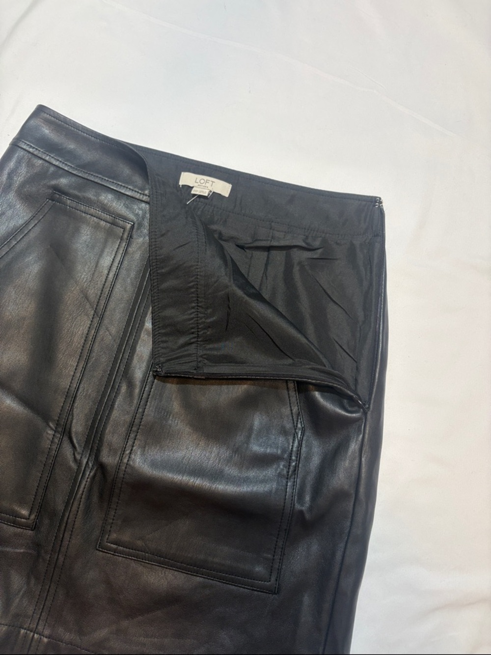 NWT Petite00 Long Line Statement Pocket High Waist Vegan Faux Leather Mini Skirt